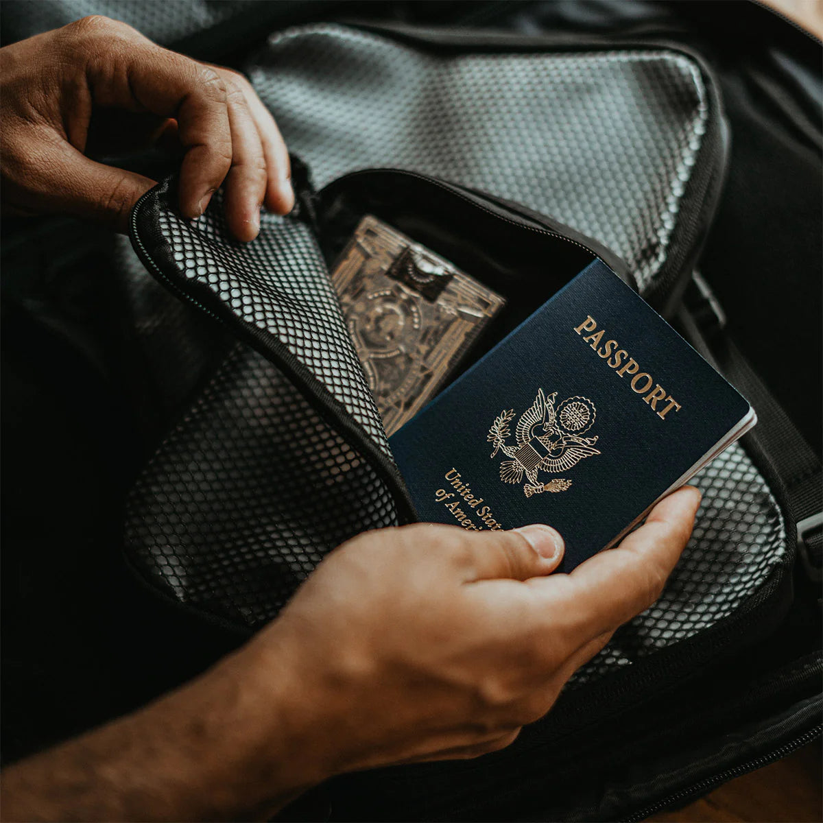 Carry on backpack with a passport. 