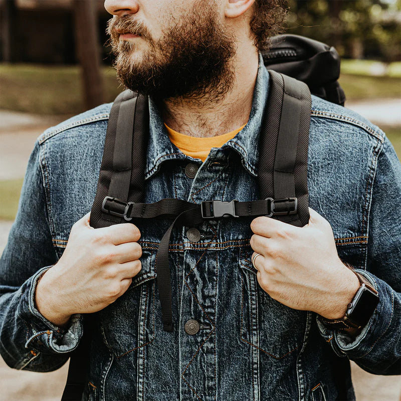 A man wearing his everyday sophisticated backpack, with a wooded green backdrop.