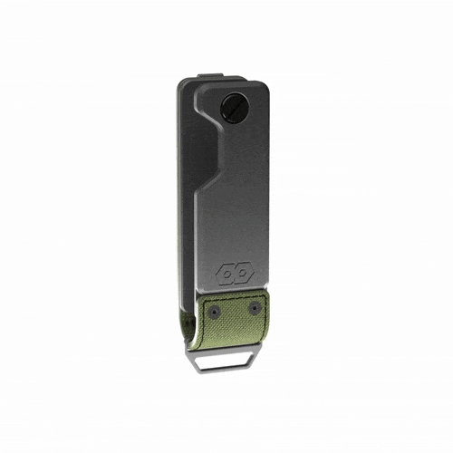 Animated view of the closed PROOF Operator key holder on white, turning to show the aluminum plate and olive drab nylon strap