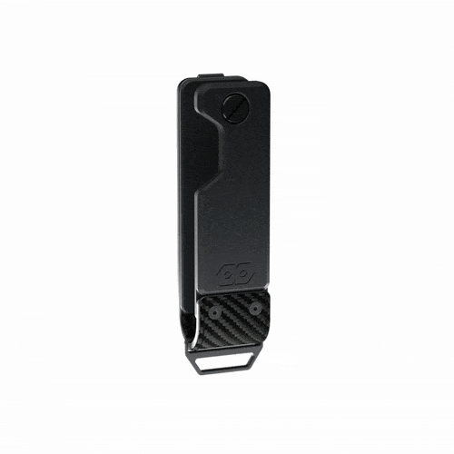 Animated view of the closed PROOF Oracle key holder on white, turning to show the carbon fiber panel and the drop-down steel loop