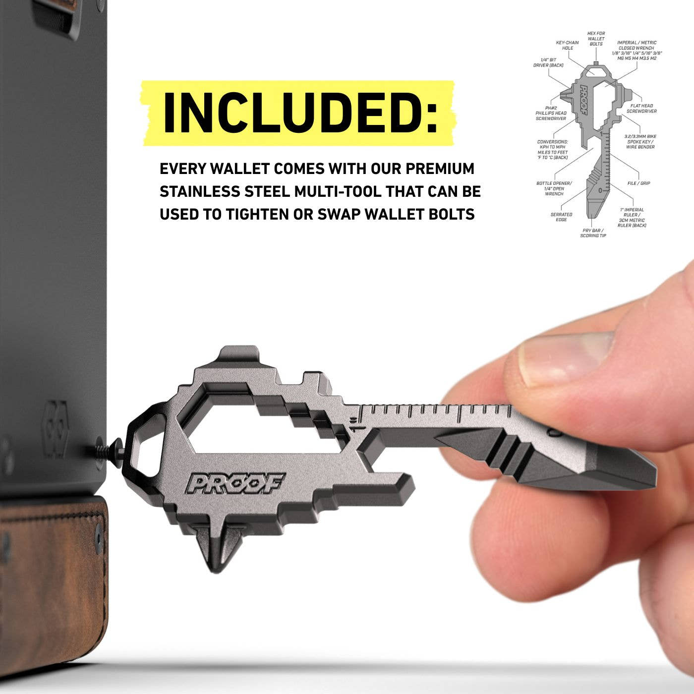 The included PROOF stainless steel key-shaped multi-tool held between two fingers, used to tighten or swap the wallet bolts, with a labelled diagram of its functions