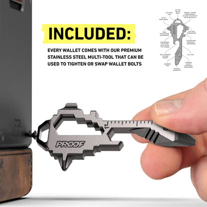 The included PROOF stainless steel key-shaped multi-tool held between two fingers, used to tighten or swap the wallet bolts, with a labelled diagram of its functions