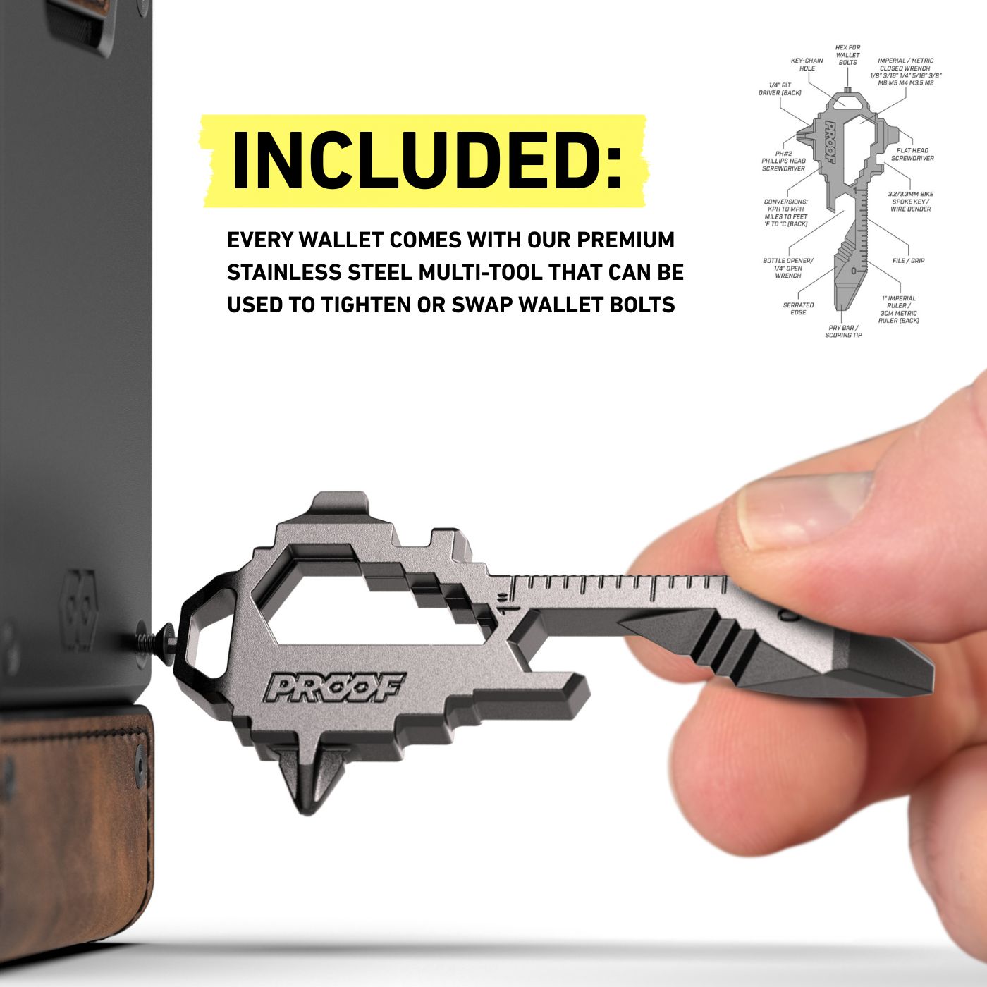 The included PROOF stainless steel key-shaped multi-tool held between two fingers, used to tighten or swap the wallet bolts, with a labelled diagram of its functions