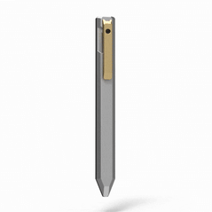 Animated view of the PROOF Vanguard pen turning against a white background, showing the faceted satin aluminum barrel, brass clip and tapered tip