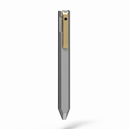 Animated view of the PROOF Vanguard pen turning against a white background, showing the faceted satin aluminum barrel, brass clip and tapered tip