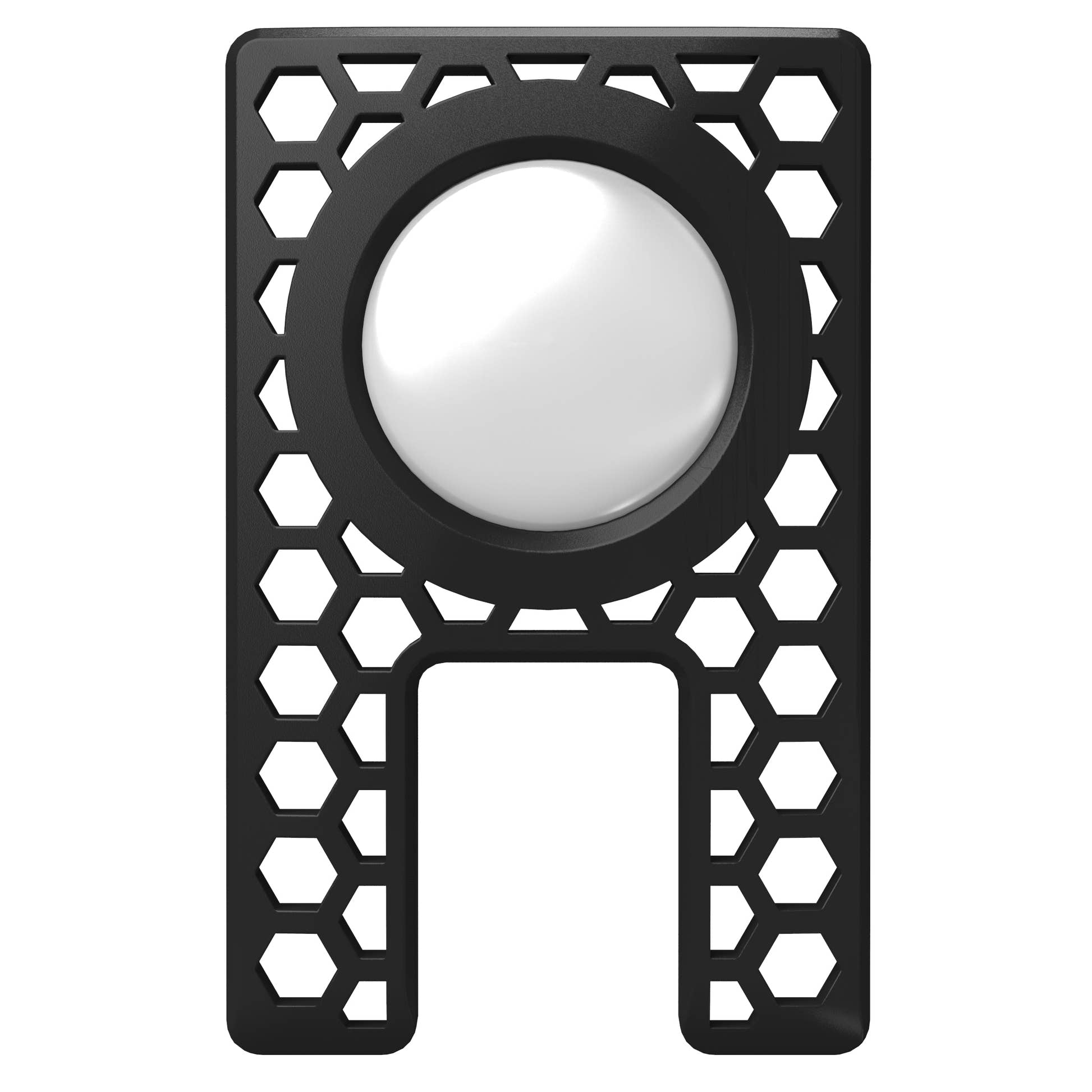 The PROOF AirTag holder alone on white: a black hex-lattice frame with a circular AirTag seat and a U-shaped cutout at the base