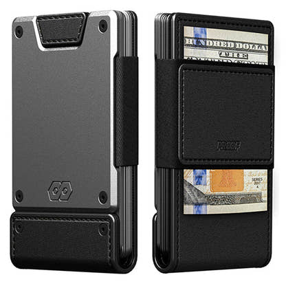PROOF Apex wallet front and back: satin gunmetal aluminum plate with matte black full-grain leather and elastic cash strap