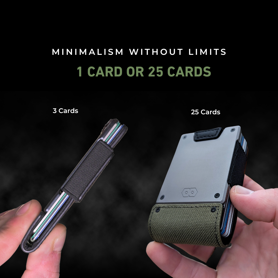 PROOF capacity graphic headed 'Minimalism without limits, 1 card or 25 cards', comparing a slim 3-card wallet with a 25-card wallet, shown here in the Operator's olive drab nylon rather than the Monolith's black