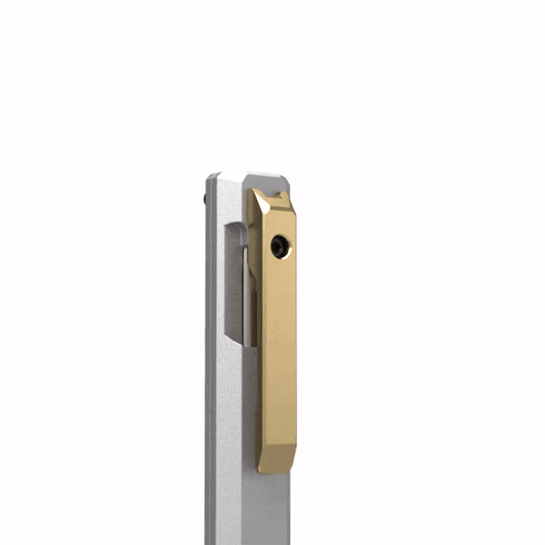 Animated exploded view of the PROOF Vanguard pen separating into its barrel, ink refill, clip and bolt hardware