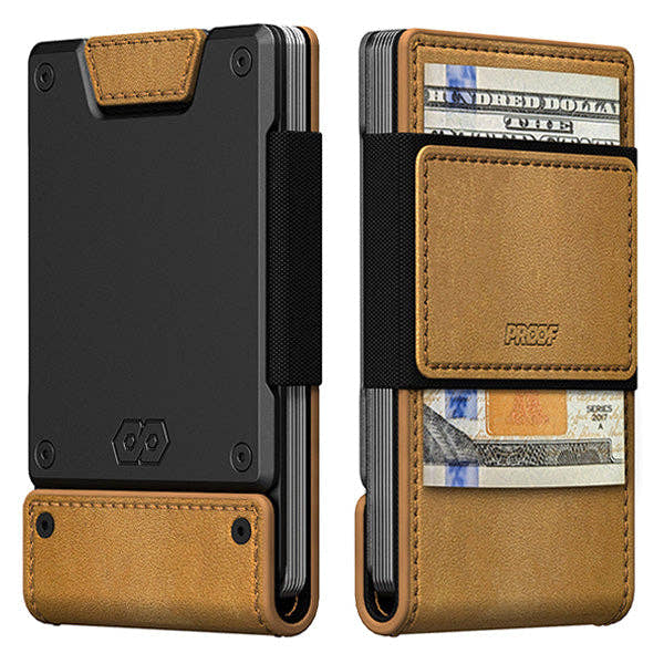 PROOF Executive wallet front and back: dark gunmetal aluminum plate with tobacco leather straps holding cards and cash
