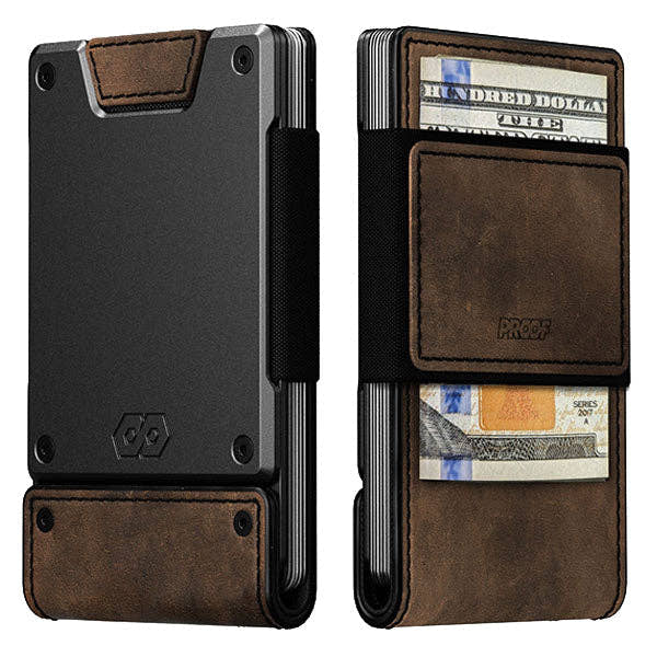 PROOF Founder wallet front and back: dark gunmetal aluminum plate with bomber leather straps holding cards and $100 bills