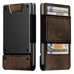 PROOF Founder wallet front and back: dark gunmetal aluminum plate with bomber leather straps holding cards and $100 bills