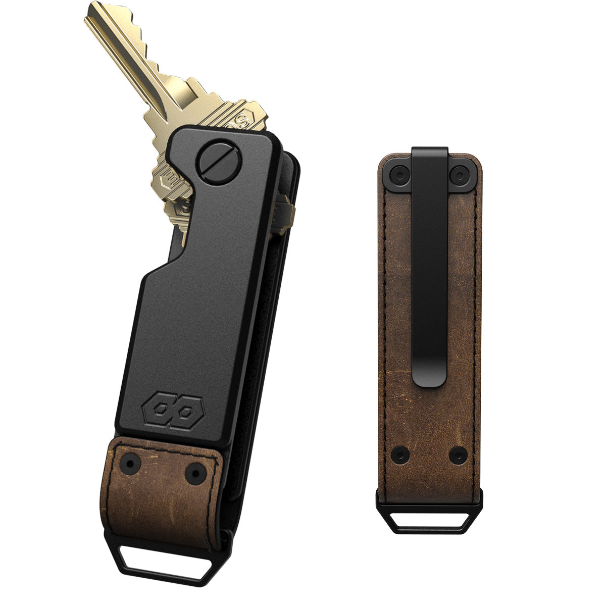 PROOF Founder key holder front and back: dark gunmetal aluminum body with brass keys fanned from the pivot, and a brown top-grain leather back panel with pocket clip and steel loop