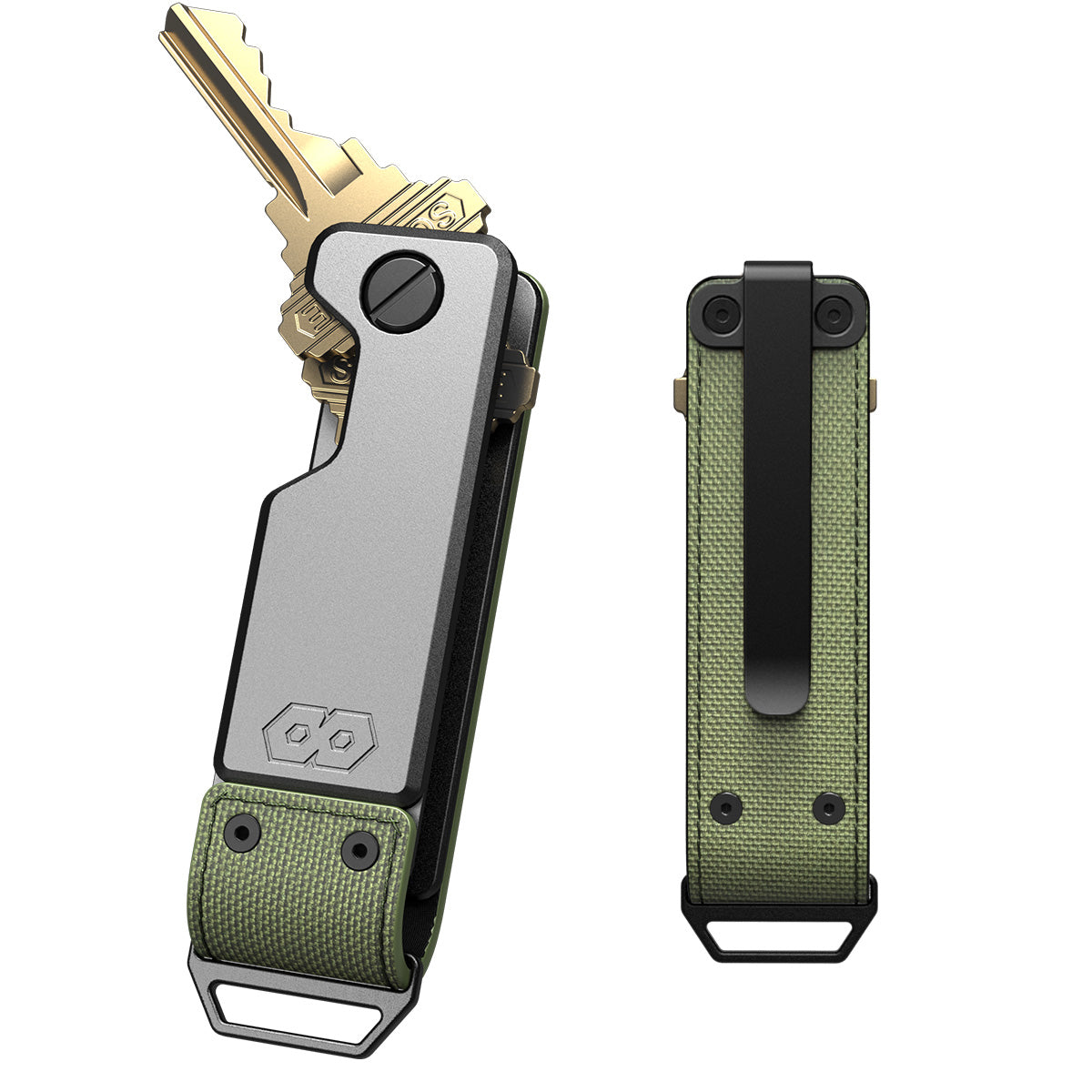 PROOF Operator key holder front and back: satin aluminum body with brass keys fanned from the pivot, and an olive drab ballistic nylon back panel with pocket clip and steel loop