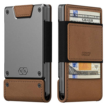 PROOF Legacy wallet front and back: satin gunmetal plate with burnished oak full-grain leather, cards stacked inside and bills held under the rear strap