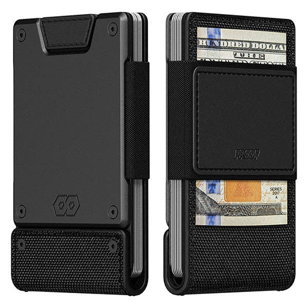 PROOF Monolith wallet front and back: dark gunmetal plate with black ballistic nylon, a black leather card pocket and bills under the rear strap