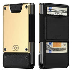 PROOF Obsidian wallet front and back: brushed brass plate with black full-grain leather straps, cards stacked inside and a hundred-dollar bill under the rear elastic strap