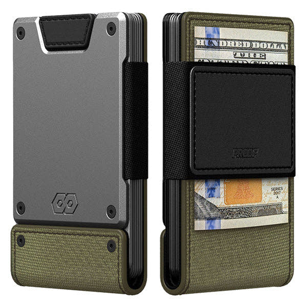 PROOF Operator wallet front and back: satin gunmetal plate with olive drab ballistic nylon, a black leather card pocket and bills under the rear strap