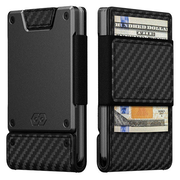 PROOF Oracle wallet front and back: dark gunmetal aluminum plate with black carbon fiber panels holding cards and cash