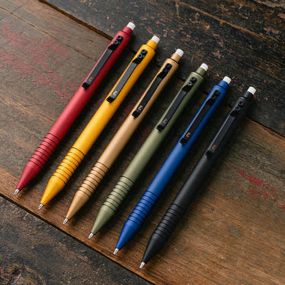 Set of six multicolored metal EDC Mechanical pencils on a wooden surface