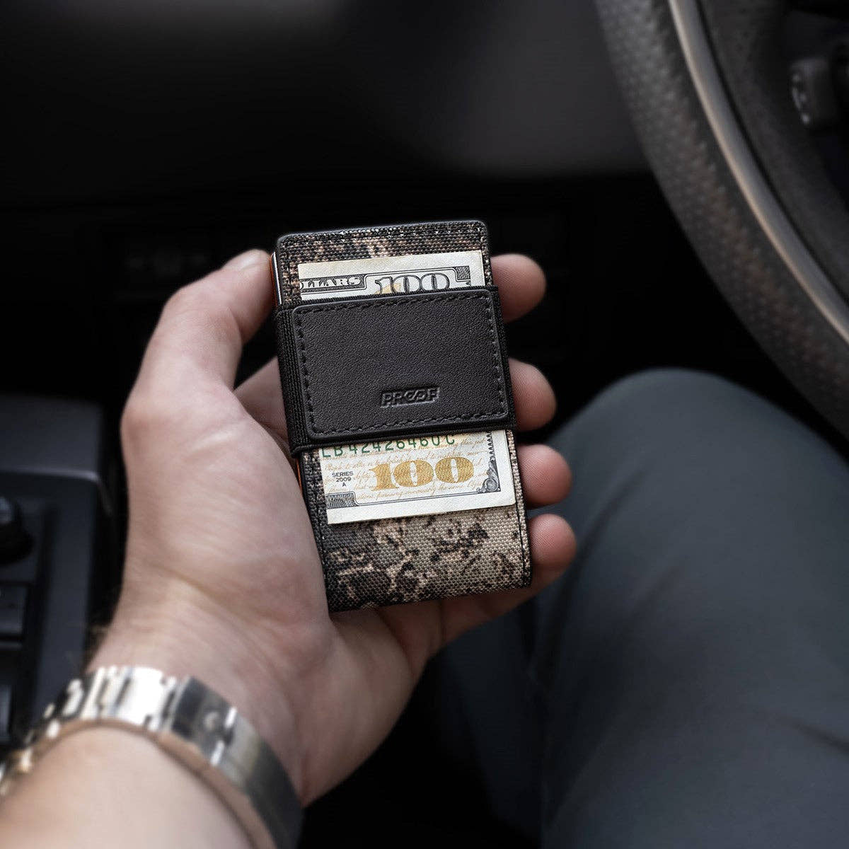 PROOF Wallet | The Survivor | Camo Ballistic Nylon & Black Full Grain Leather with Dark Gunmetal