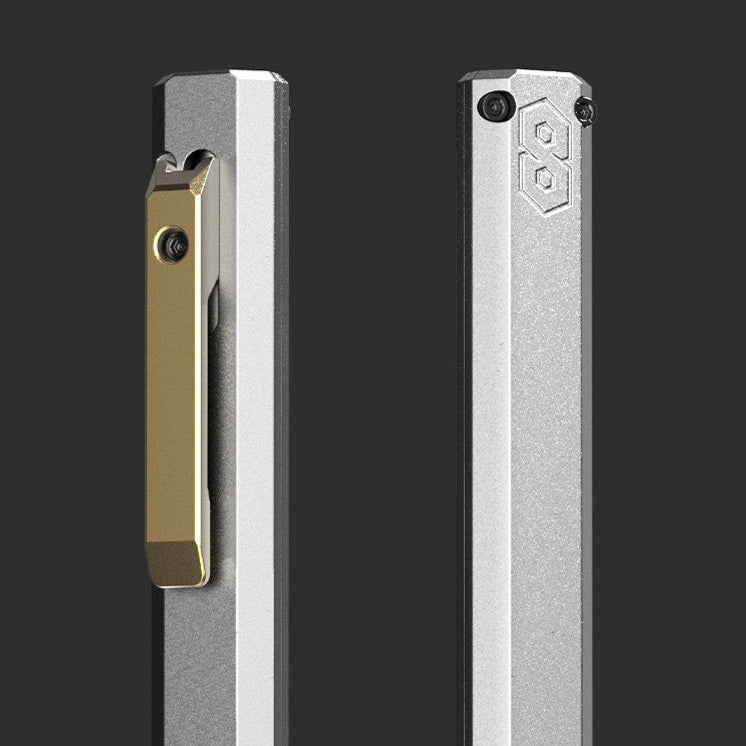 Two close-up views of the PROOF Vanguard pen on a dark background: the brass clip and bolt on one side, the embossed hexagon logo on the other