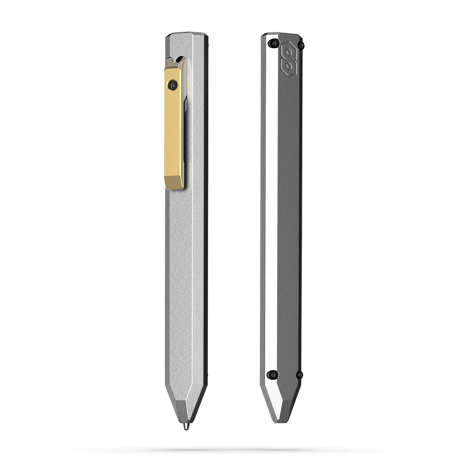 Two full-length views of the PROOF Vanguard pen on white: the front with its brass clip, and the profile showing the hexagonal facets and tapered tip