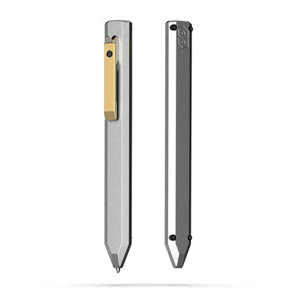 Two full-length views of the PROOF Vanguard pen on white: the front with its brass clip, and the profile showing the hexagonal facets and tapered tip