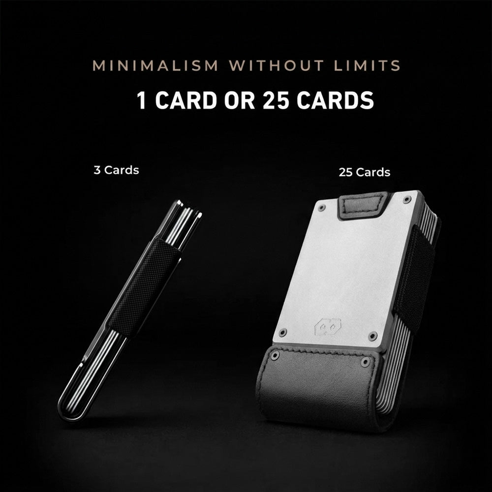PROOF Apex capacity comparison: the matte black full-grain wallet at a slim 3-card profile beside the same wallet loaded to 25 cards