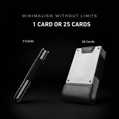 PROOF Apex capacity comparison: the matte black full-grain wallet at a slim 3-card profile beside the same wallet loaded to 25 cards
