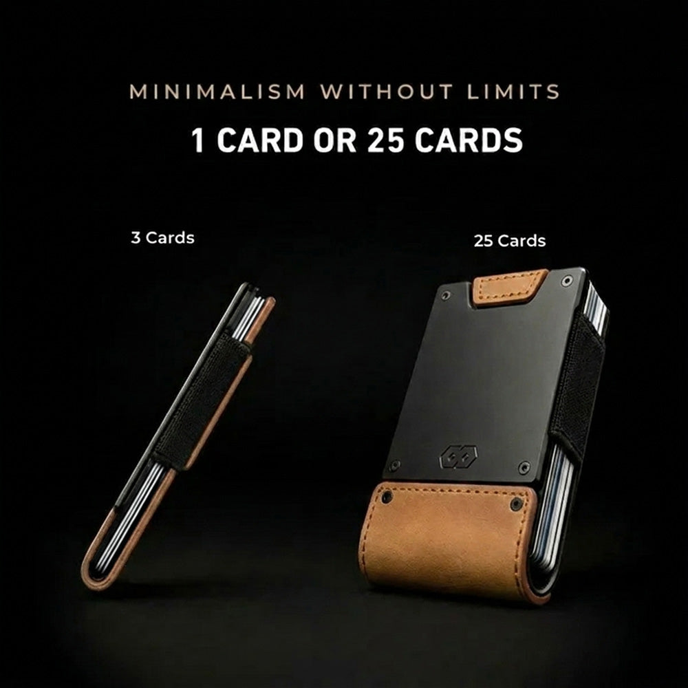 PROOF Executive capacity comparison: the tobacco leather wallet at a 3-card slim profile beside the same wallet loaded to 25 cards