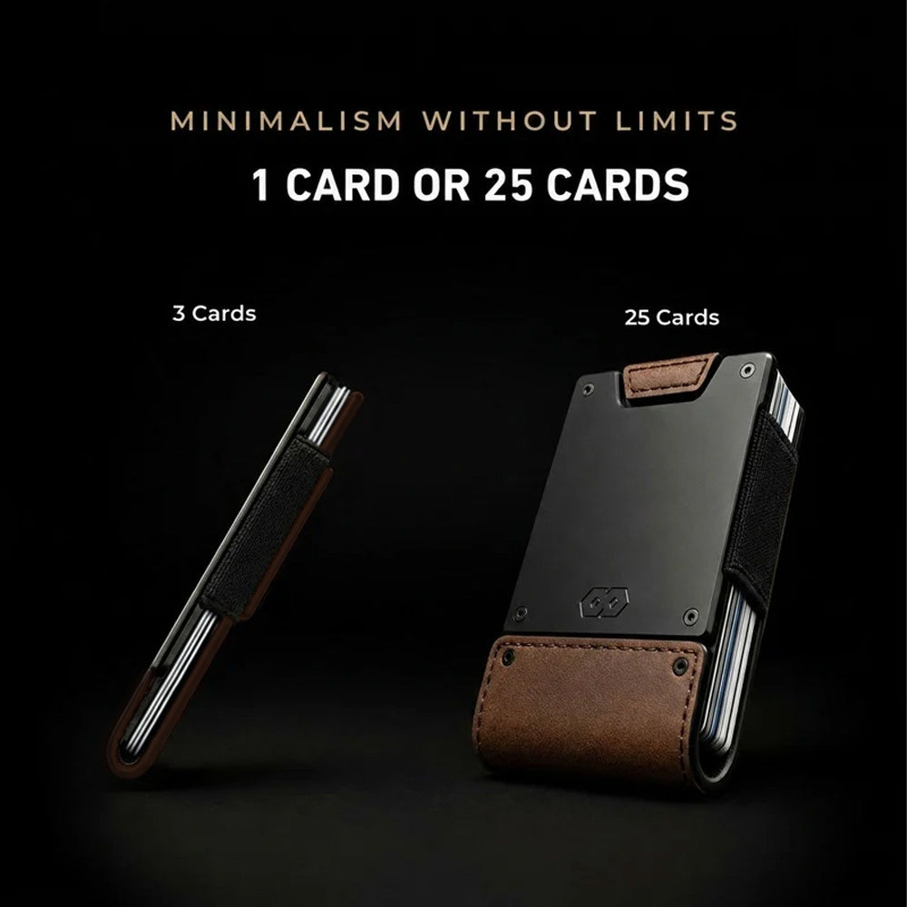 PROOF Founder capacity comparison: the bomber leather wallet at a 3-card slim profile beside the same wallet loaded to 25 cards