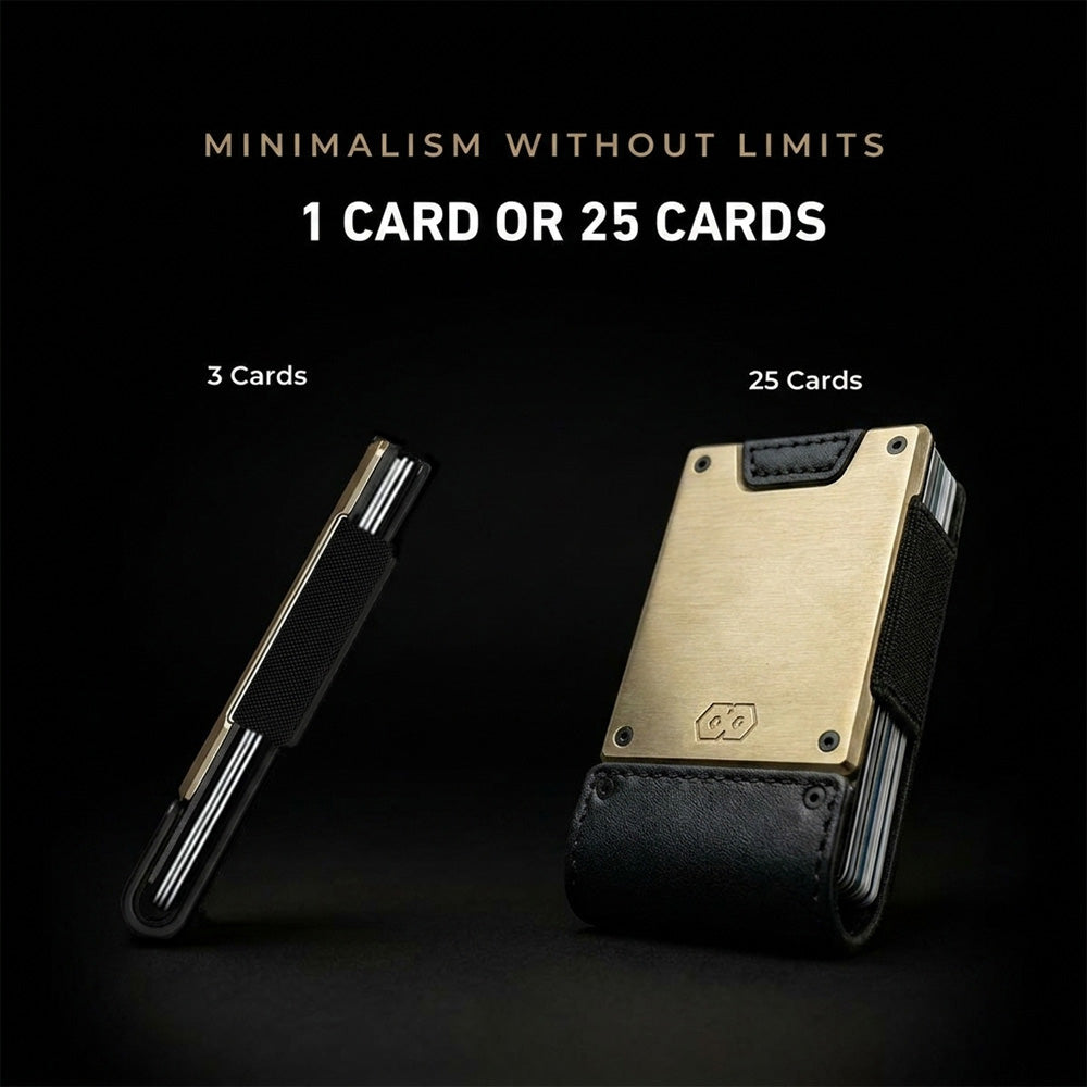 PROOF Obsidian capacity graphic headed 'Minimalism without limits, 1 card or 25 cards', showing the brass wallet slim at 3 cards beside the same wallet expanded to 25