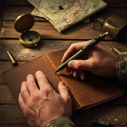 OD Green Super Matte Grafton writing in a leather field notebook beside a compass and map