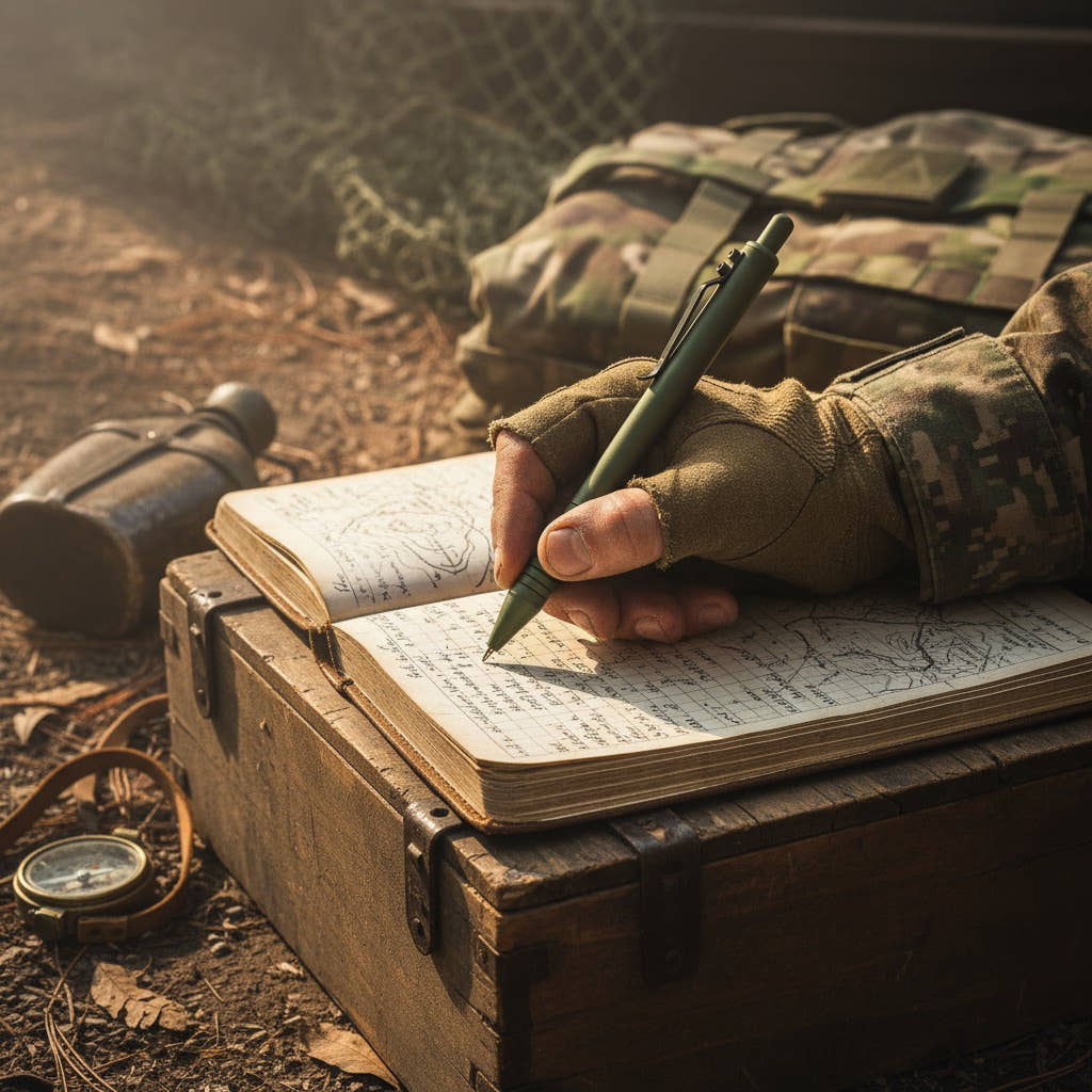 OD Green Super Matte Grafton in a gloved hand writing field notes on an ammo crate