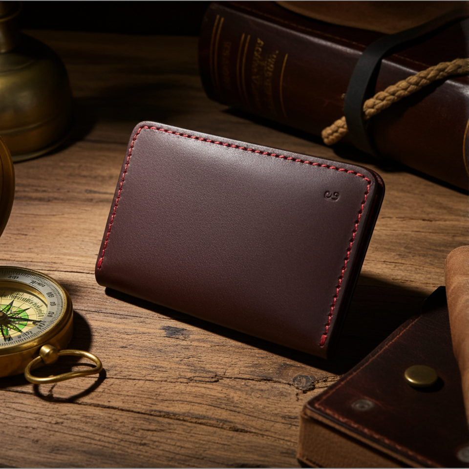 oxblood leather wallet on a wooden surface with a compass and books in the background