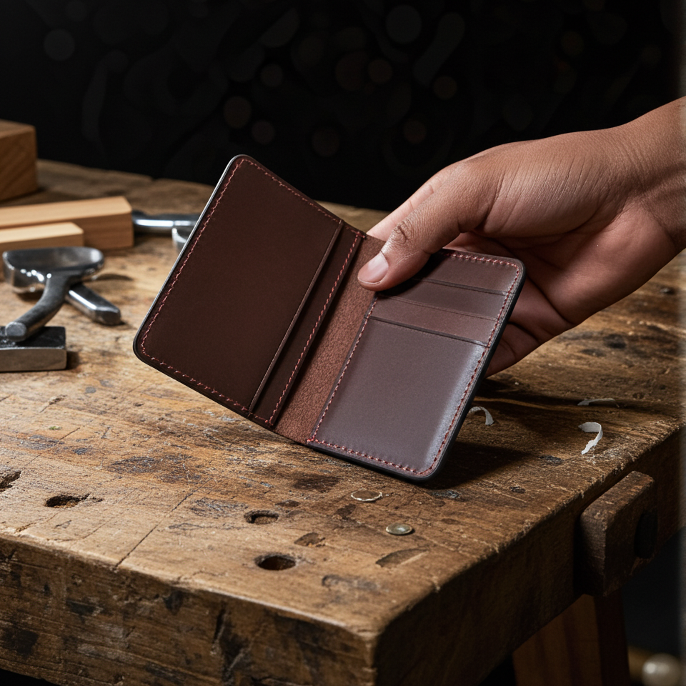 Oxblood leather wallet held by a hand on a wooden workbench with tools in the background
