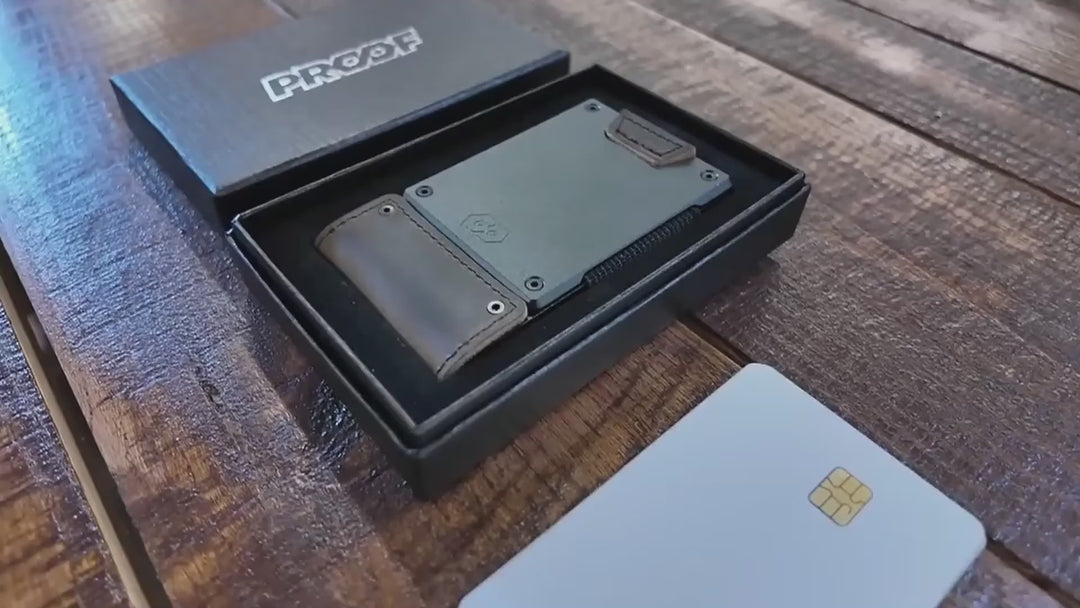 The PROOF Executive wallet in use: fanning cards open one-handed with the leather pull tab, and folded bills held under the rear elastic strap