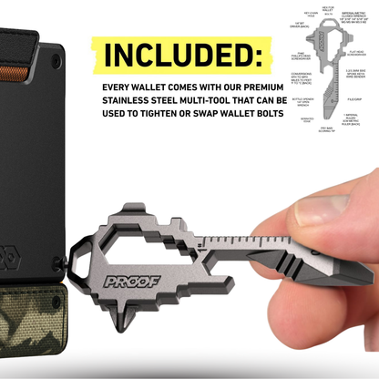 PROOF Wallet | The Survivor | Camo Ballistic Nylon & Black Full Grain Leather with Dark Gunmetal